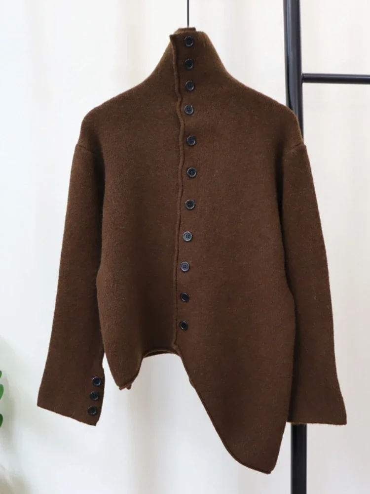 Autumn Winter New High-grade Elegant High-Collar Knitted Cardigan Fashion Design Irregular Casual All-Match Sweater Coat Women