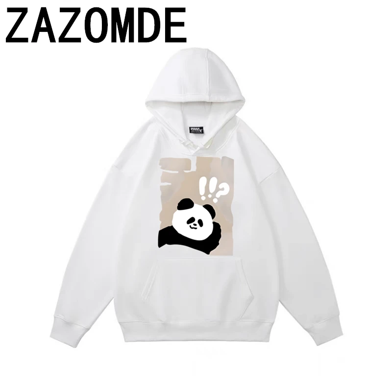 ZAZOMDE Panda Print Hoodies Long Sleeve Men Streetwear Spring Front Pocket Drop Shoulder Long Sleeve Sweatshirts Daily Hoody Men