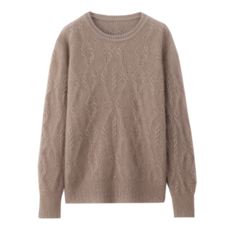 세련된 오 넥 할로우 아웃 스웨터 여성용 풀오버 기본 부드럽고 따뜻한 100% 밍크 캐시미어 퓨어 컬러 캐주얼 루즈 가을 겨울상의