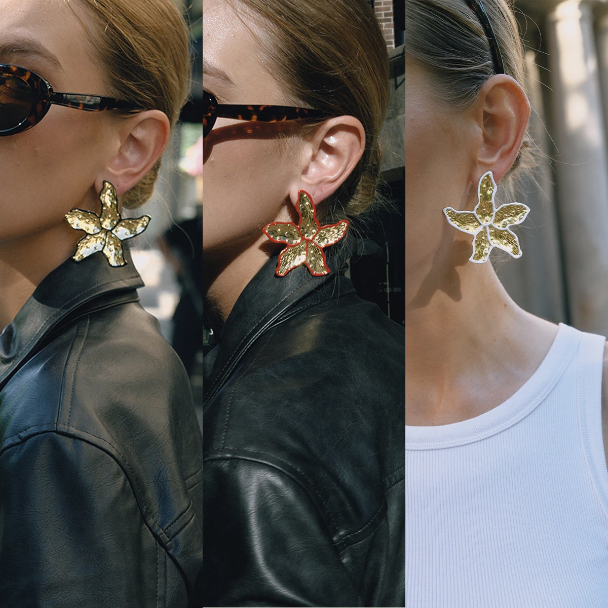 

AIKOER Vintage White Black Red Enamel Five Petal Flower Earrings 18K Gold Color Stainless Steel Large-Sized Autumn Winter Jewe