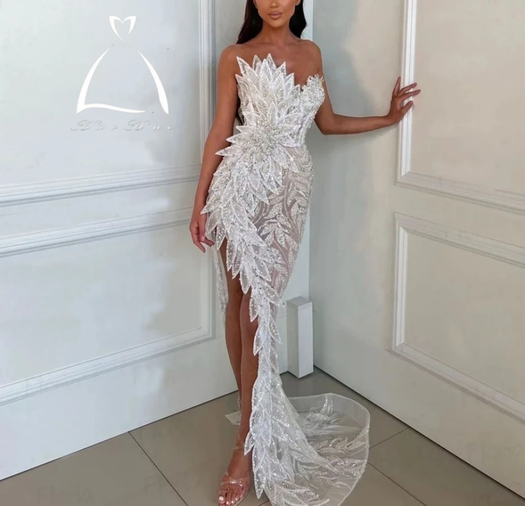 Couture Handmade 3D Leaf Party Dress Sparkle Dubai Side Slit Prom Gowns Vestidos De Fiesta Wedding Night Gowns Birthday Wear