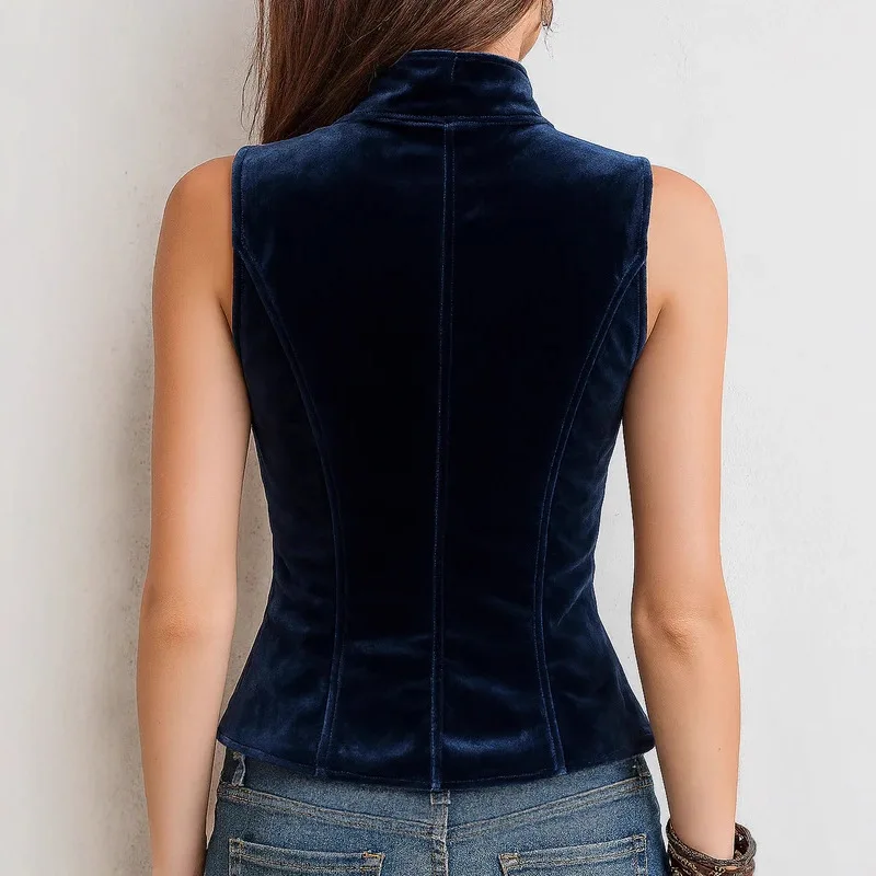 Autumn Winter Velvet Women's Vest Jacket Elegant V Neck Double Breasted Top Cardigan Sleeveless Slim Vintage Outerwear Coats - Detail 1
