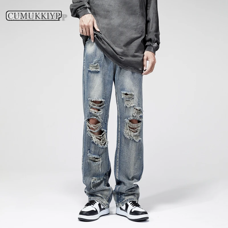 

CUMUKKIYP Classic Vintage Style Men's Retro Washed Denim Pants Ripped Straight Leg Jeans Baggy Hosen