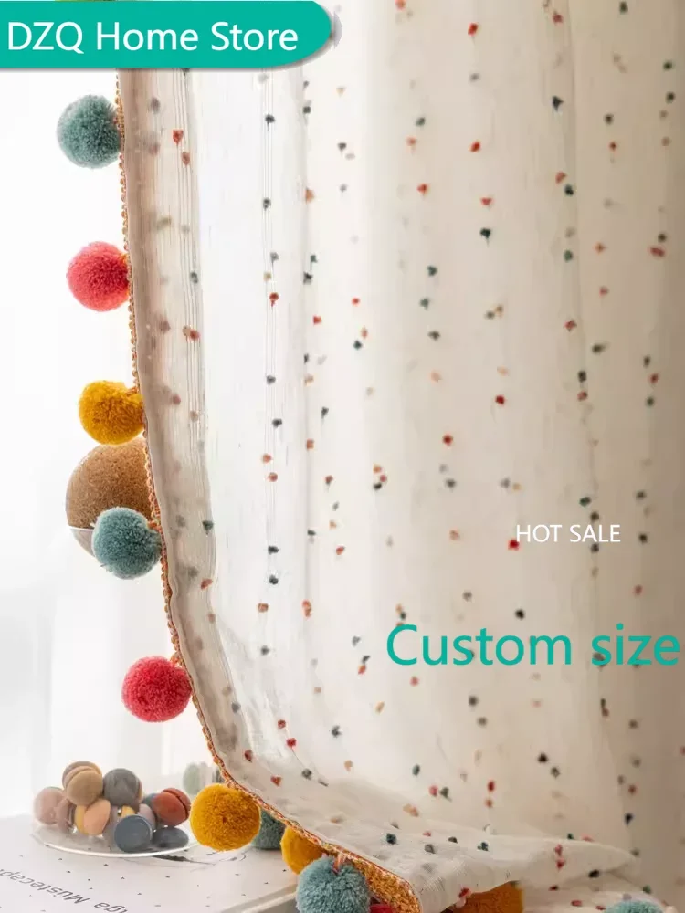 

Retro rainbow candy bean cotton linen curtain tulle for living room bedroom children's room girl's room cute ins style curtains