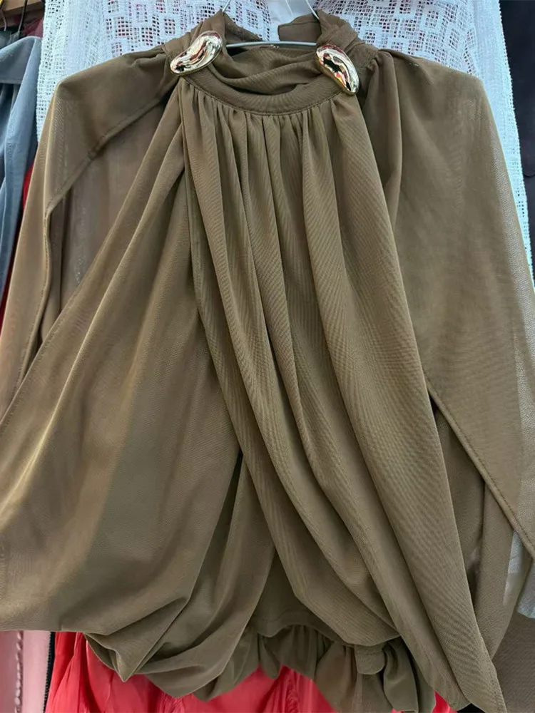 ANJY Spring Summer New Women Fashionable Metal Buckle Shawl Design Chiffon Blouse Elegant Patchwork Niche Loose Fit Shirt A24193