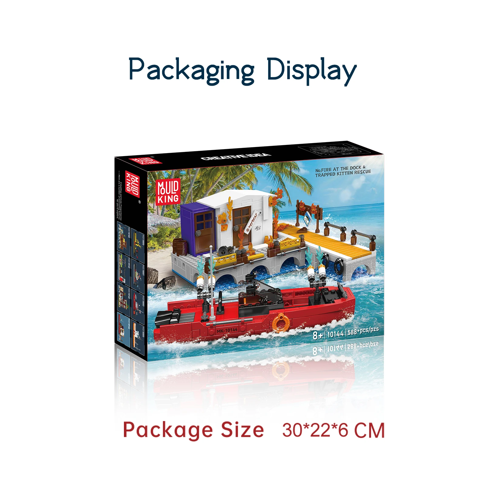 Mould King 10144 No.Fire At The Dock & Trapped Kitten Rescue Building Blocks Pier Cattery Lifeboat Model Kids Toys Gift 588PCS