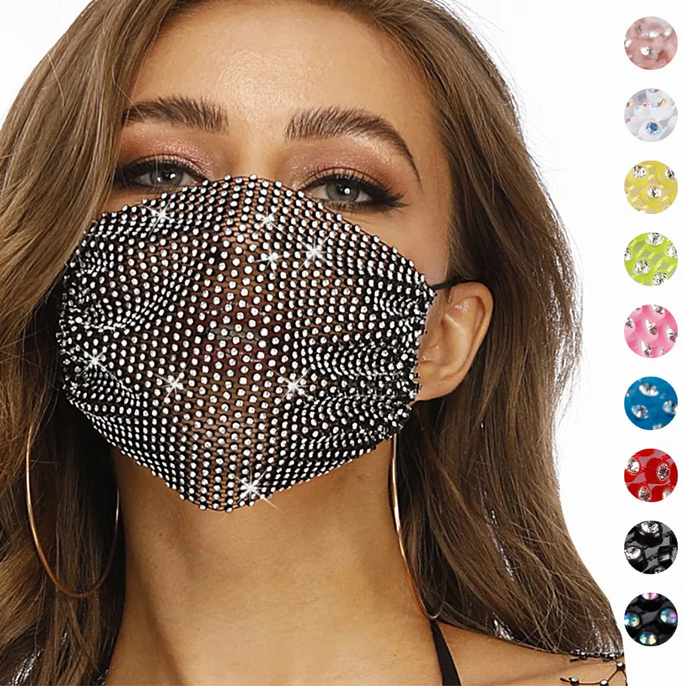 1 pc Rhinestone Decor Face Mask Breathable Windproof Face Covering Reusable Decorative Mask For Women Female Party Mask