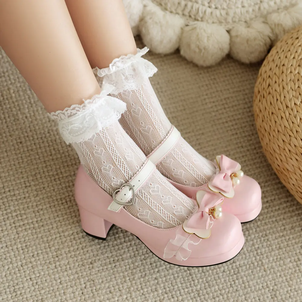 Sweet Lolita Mary Janes Shoes with Cute Lace Bowknot Round Toe Chunky Heels Maid Cosplay Pumps Contrasting Colors Buckle Strap