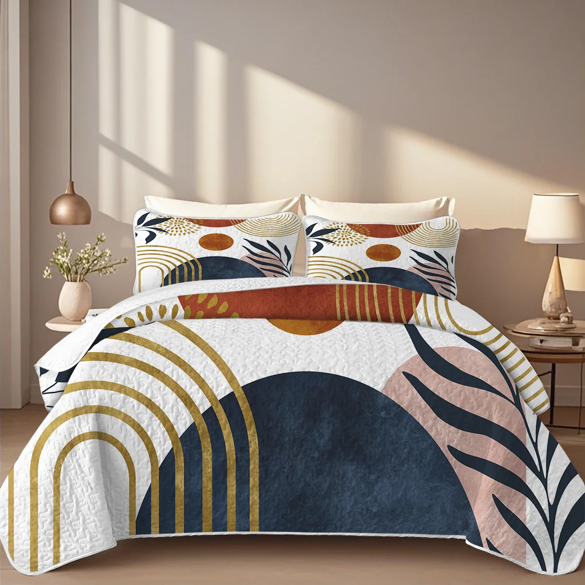 

2/3-Pcs Geometric Lines Printed Quilt Set, Cal King, Durable, Breathable, Unique Summer Bedding Set, 1 Quilt, 1/2 Pillowcase