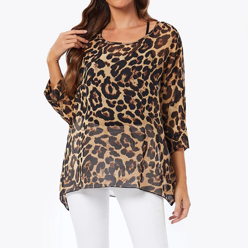 BHFlutter 4XL 5XL 6XL Plus Size Women\'s Shirt 2023 Sexy Off Shoulder Leopard Print Summer Top T-shirt Casual Chiffon Shirt