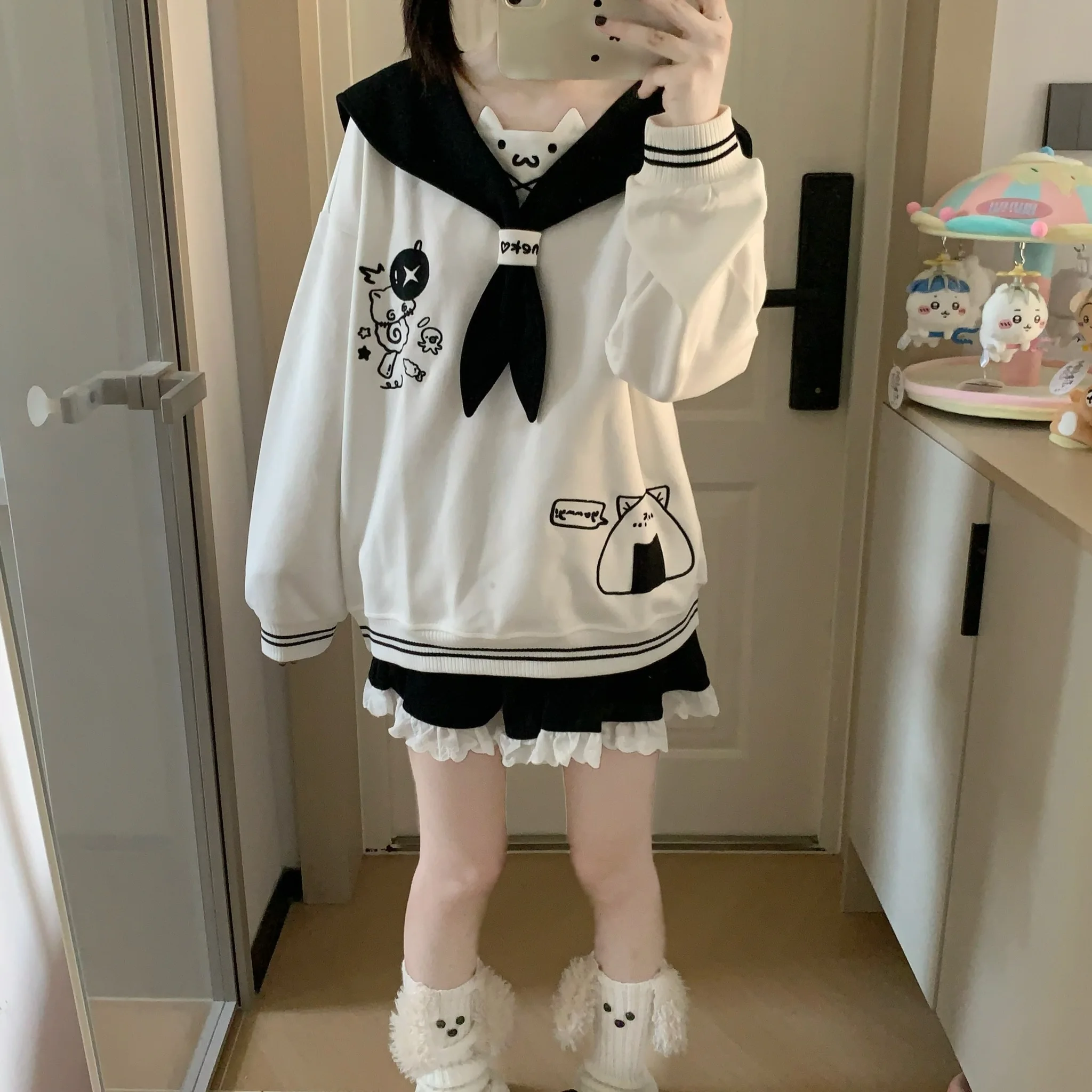 Navy Collar Soft Girl Color Block Cat Embroidery Sweatshirt Women Autumn New Loose Pullover College Style Japanese Sports Shirt