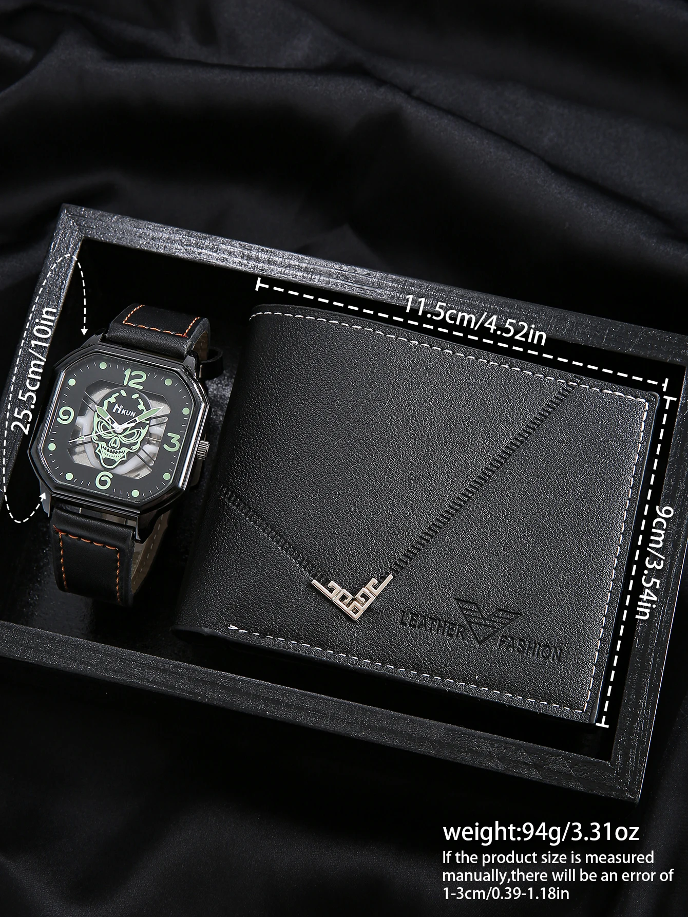 2 قطعة ساعة كوارتز رجالية عصرية داكنة نيثير وولف فلورسنت بمينا كبير مع محفظة صغيرة قصيرة محمولة رائعة، مناسبة لـ