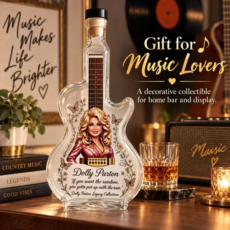 Dolly Parton Guitar Glass Liquor Decanter Whiskey Bottle Home Bar Decor Fan Collectible Gift