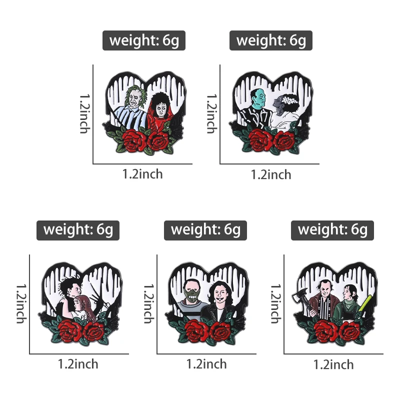 Horror Movies Enamel Pins Custom Movie Couple Heart Brooches Lapel Badges Clothes Punk Gothic Jewelry Gift for Friends