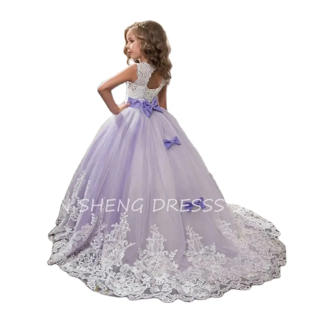 Luxus Spitze Blumen mädchen Kleid Illusion Knopf zurück Mädchen Geburtstags kleid Elfenbein Erstkommunion Kleider Robe de Princesse Fille