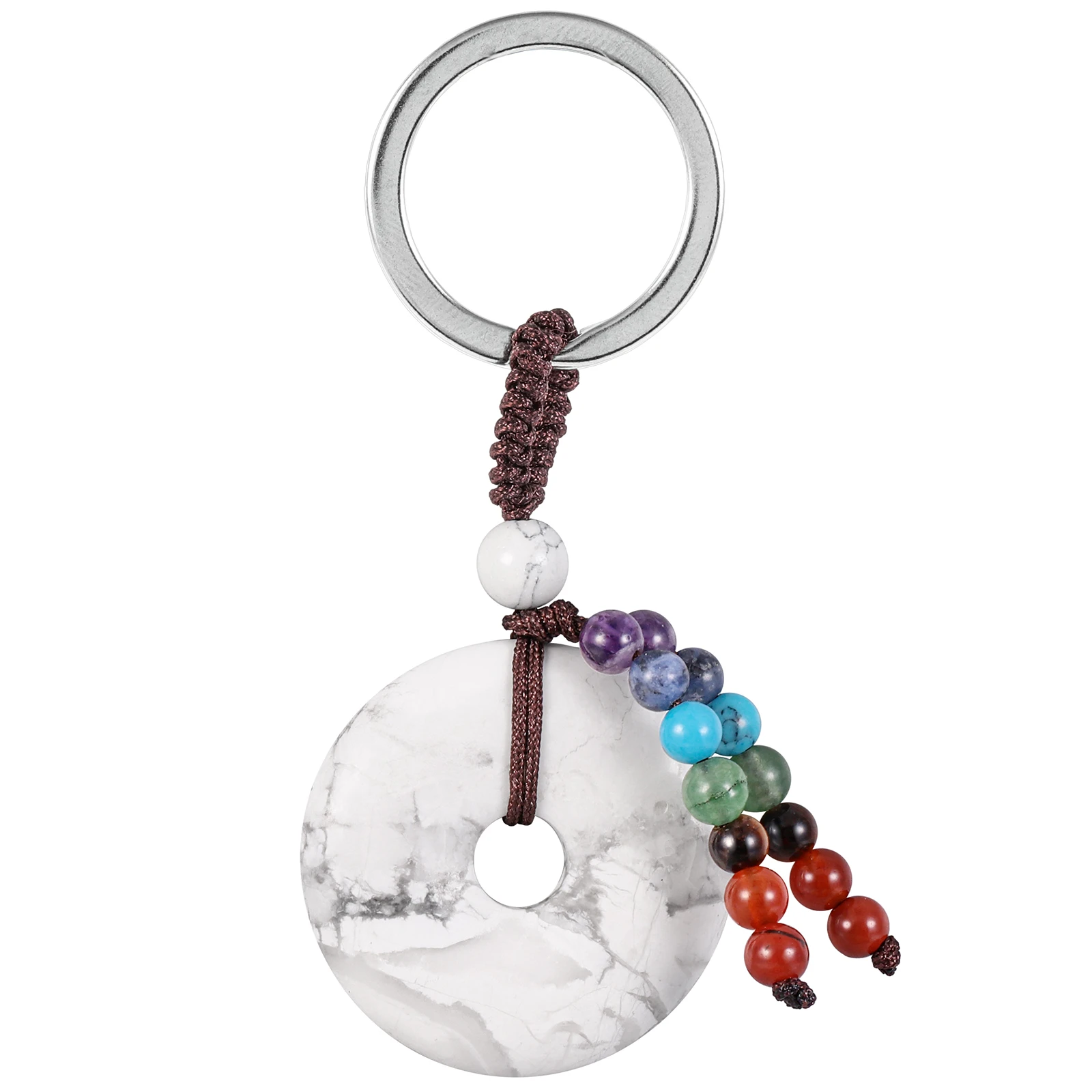 Natural Crystal Donut Keychain Healing 7 Chakra Round Stone Beads Lucky Coin Key Rings Lanyard For Car Key Wallet Backpack