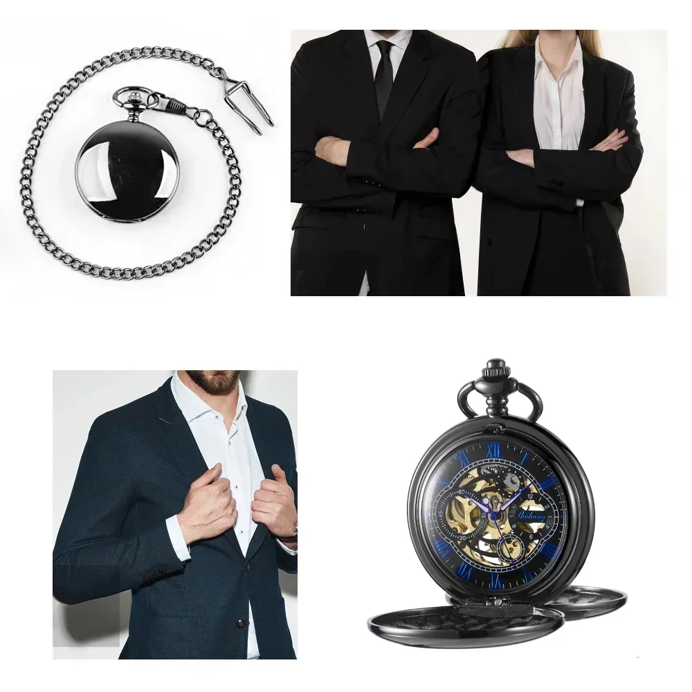 

NEW Full Black 2 Sides Open Case Luxury Mens Pocket Watch Mechanical Hand-winding Necklace Clock Business Exquisite Male Gift