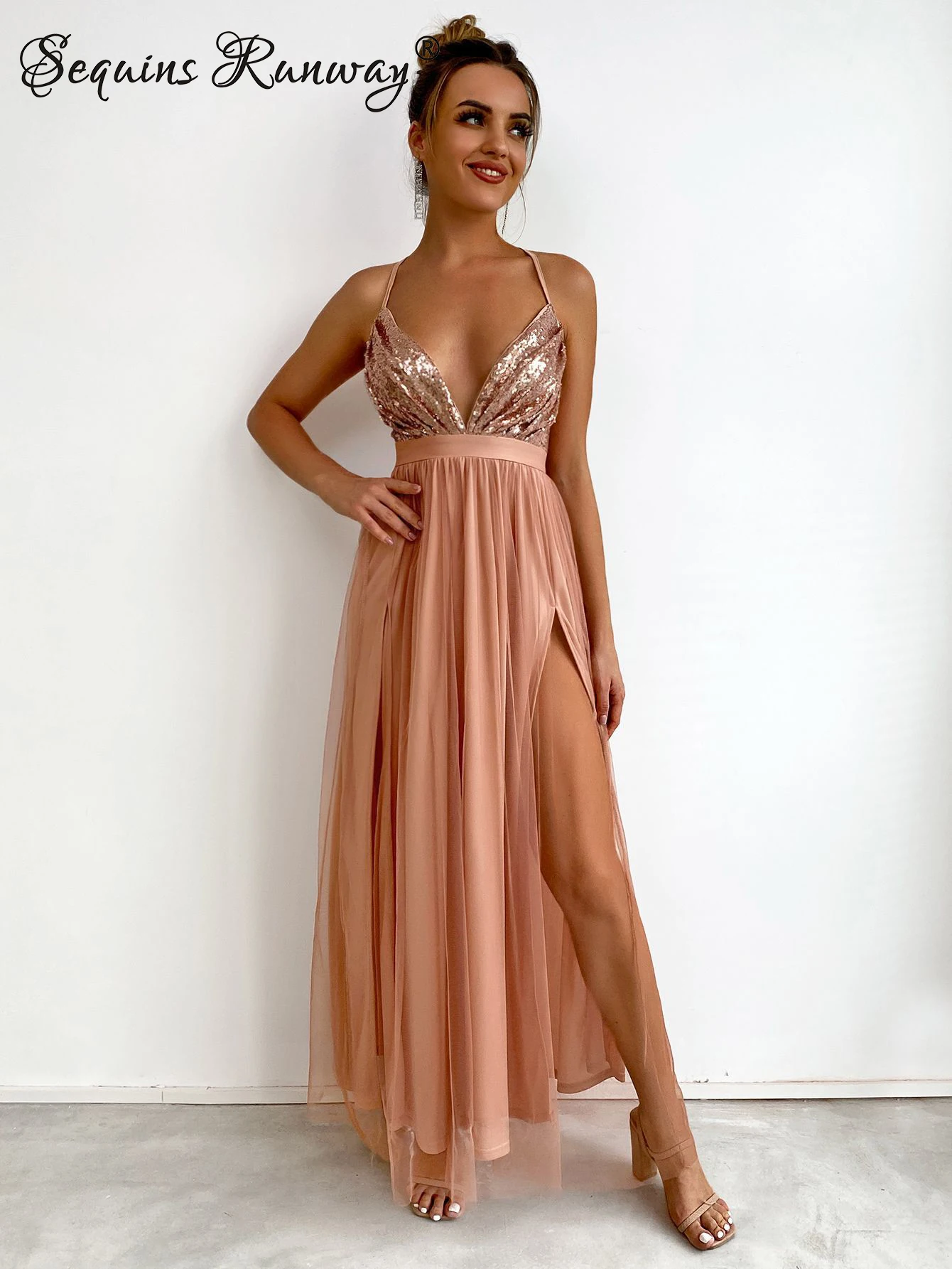 Sexy backless maxi sequin summer dress women 2024 elegant luxury mesh birthday party dress bridesmaid evening dresses vestidos