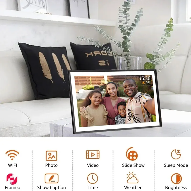 إطار صورة رقمي فاي 15.6 بوصة من Frameo 1920 * 1080 IPS HD شاشة تعمل باللمس 32 جيجابايت إطار صور ذكي للدوران التلقائي، جدار