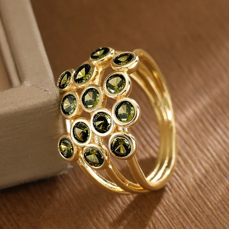 Huitan Full Round Olive Green Cubic Zirconia Women Ring Gold Color Multi-layer Design Luxury Party Novel Statement Lady Jewelry