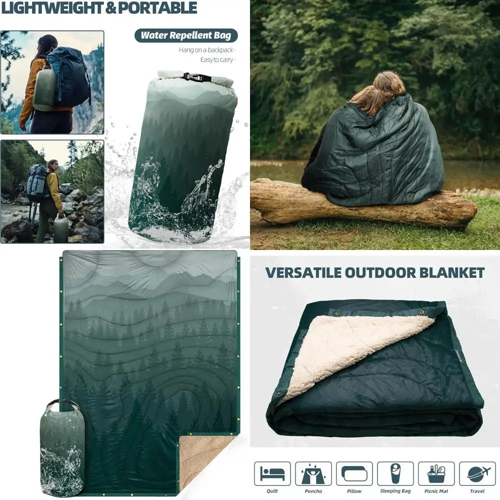 

Sherpa-Lined Warm Camping Blanket, Thick & Soft, Ultralight Poncho Quilt for Cold Weather Adventures, 78x56