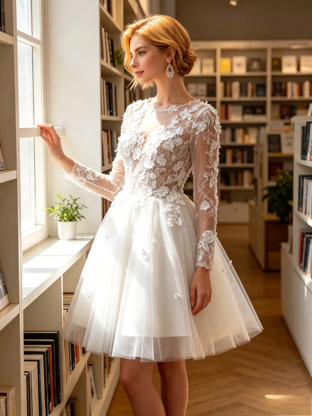 Customized Full Sleeve Organza Lace Applique Short Wedding Dress V Neck Vestidos De Novia Robe De Marie Fit for Bridal Reception