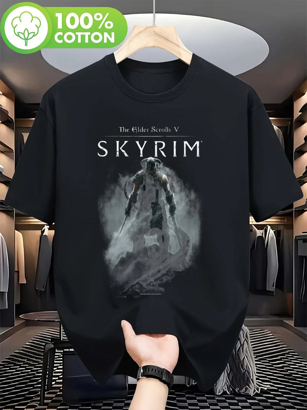Camiseta con estampado de silueta de dragón Skyrim para hombre, diseño de juego retro, camiseta informal unisex para acampar, hacer senderismo y uso diario