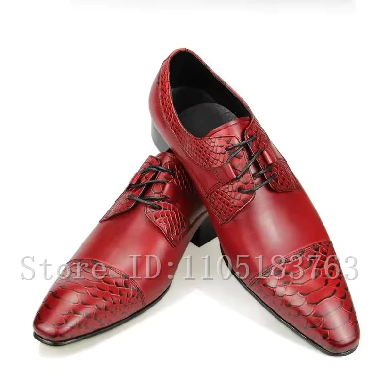 Men's Red Genuine Leaher Oxford Shoes, Elegant Pointed Toe Lace-Up Formal Dress Shoes for Wedding & Business view 2