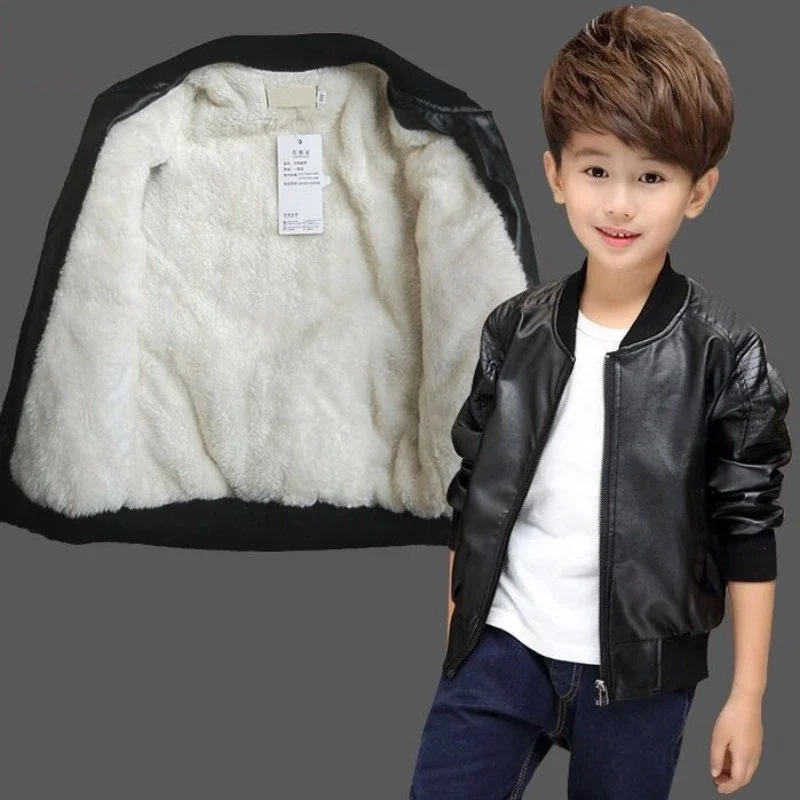 Boys Coats Autumn Winter Fashion Children's Plus Velvet / No Velvet Two styles Warming Cotton PU Leather Jacket For 2-14Y Kids