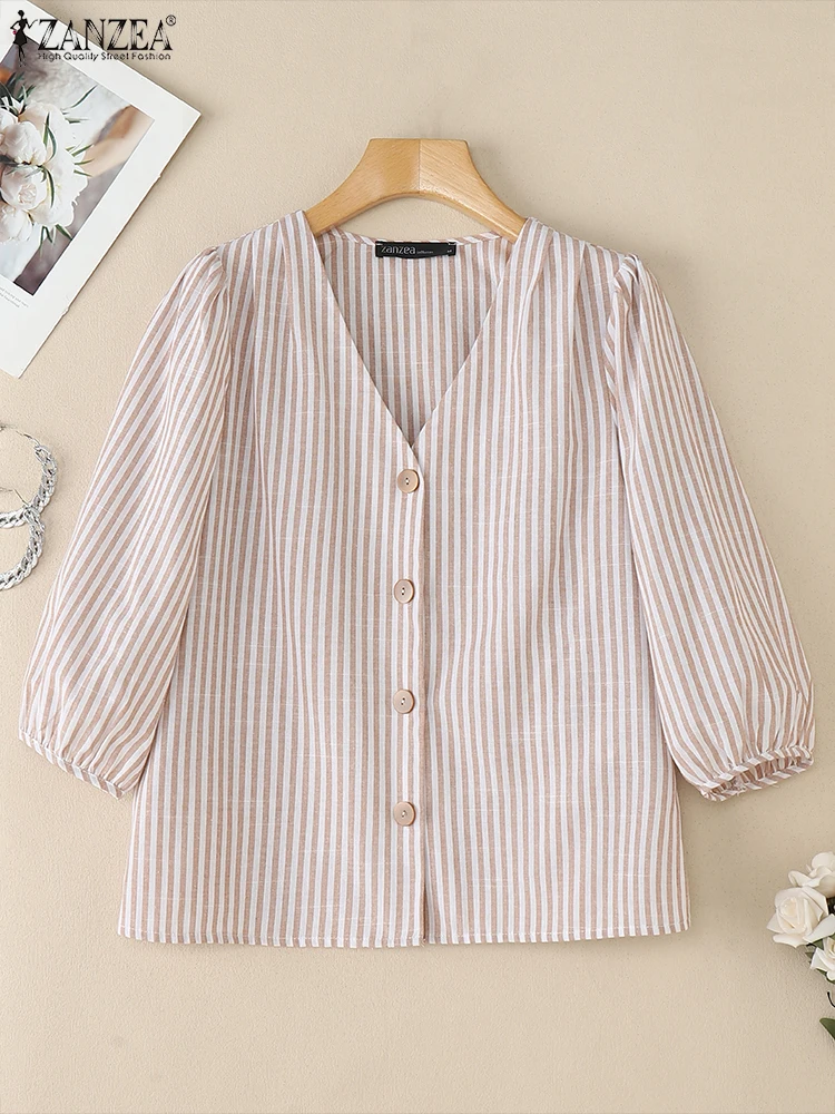 ZANZEA 甘いシャツの女性のファッション 3/4 パフスリーブストライプトップス秋 V ネックプリントボタンエレガントな韓国ブラウス仕事 OL Blusas