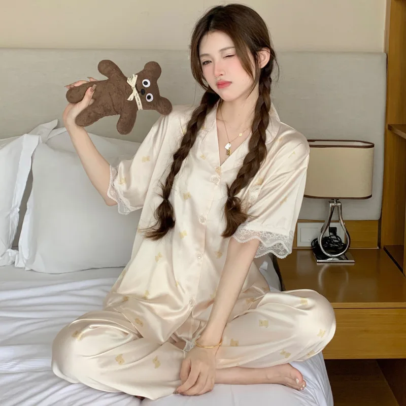 Cute and Sweet Printed Silk Short-sleeved Pajamas for Women, Summer Casual Home Wear, Online Celebrity Cartoon Set of Pajamas
