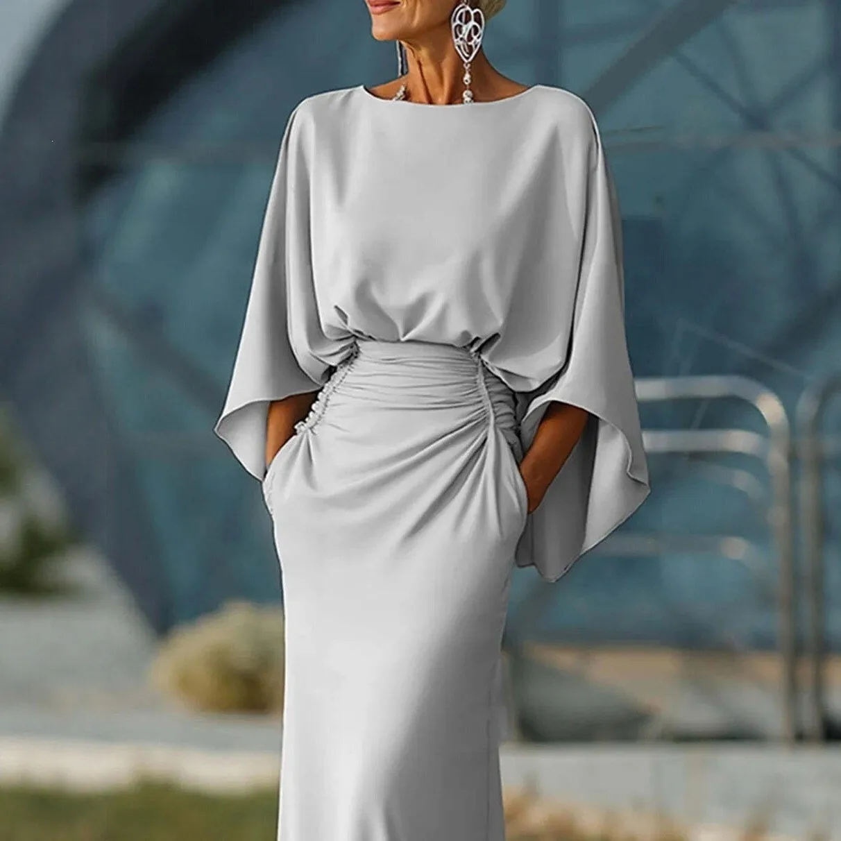 Pleated Dress Slim Fit Elegant with Batwing Sleeve Maxi Length a Line Long Dress Round Neck Spring Socialite Style for Women