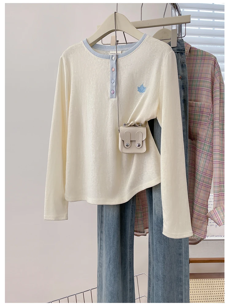Elegant Simple Maple Leaf Embroidery Color Block Button Half Open Collar Long Sleeve Women's T-Shirt Breathable Fashion Slim ...