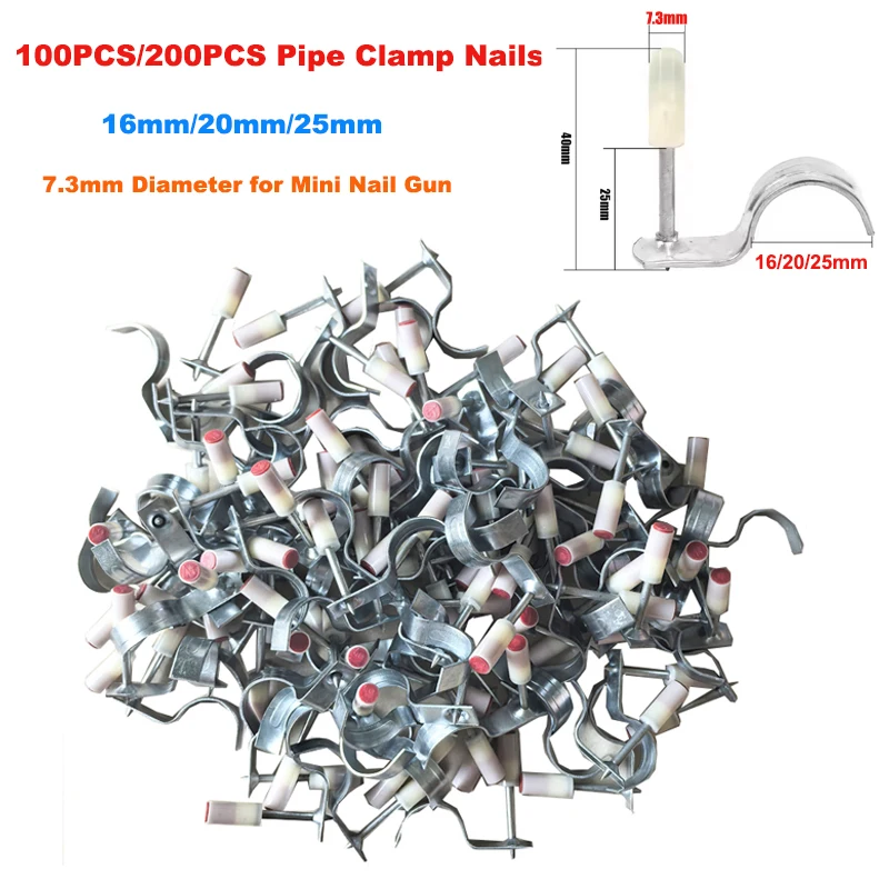 200/100/50PCS Pipe Clamp Nails Pneumatic Fire Nail Gun Water Pipe Fixed Peg Nail 16mm/20mm/25mm Diameter 7.3mm For Mini Nail Gun