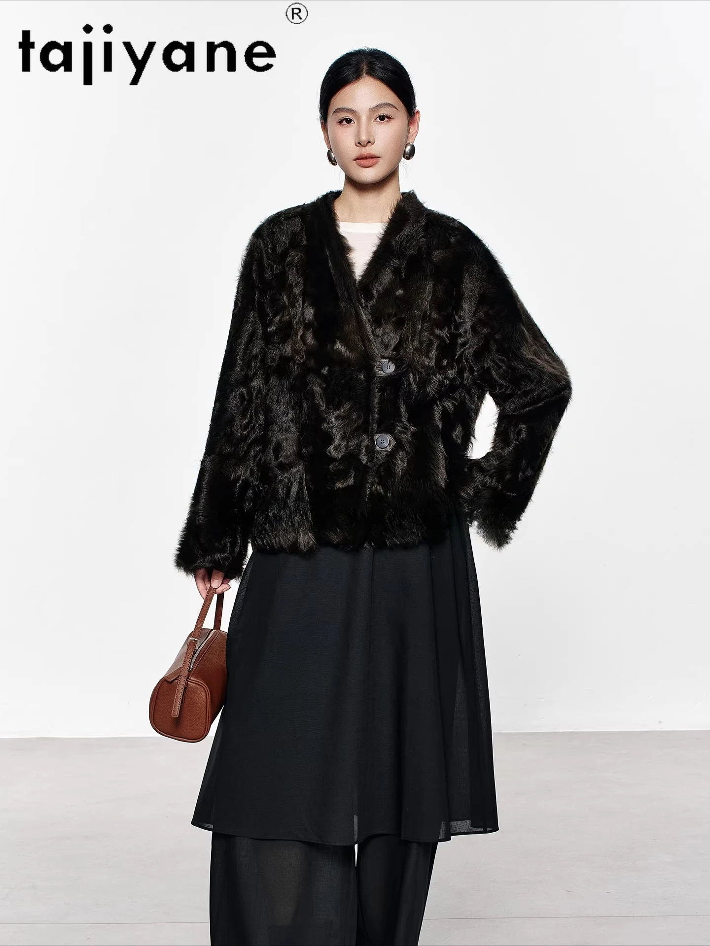 سترة TAJIYANE 100% من جلد الغنم مع الصوف المرفق للنساء معطف فرو حقيقي قابل للعكس برقبة على شكل حرف v ملابس نسائية شتوية