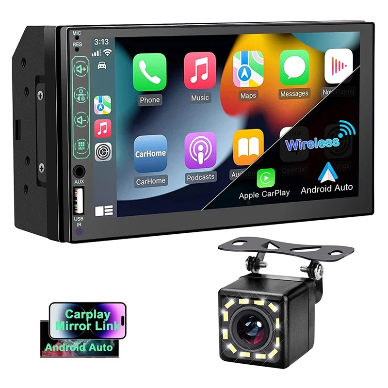 7 Inch Double Din Car Stereo HD Touchscreen,Carplay Android Auto,12LED Backup Camera,Mirror Link,USB/AUX,FM Car Radio