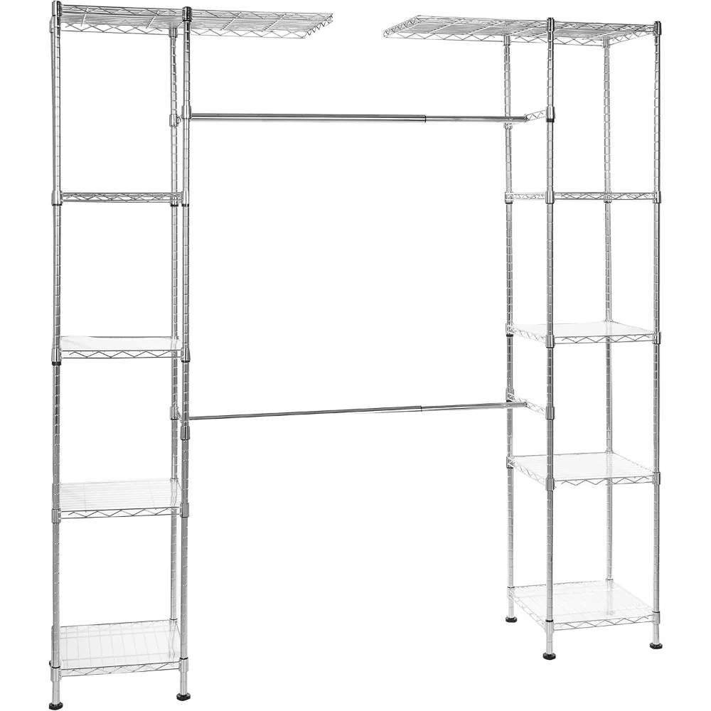 

Expandable Adjustable Metal Hanging Storage Organizer Rack Wardrobe with Shelves, 57-80 x 14 x 72 inches (LxWxH), Chrome