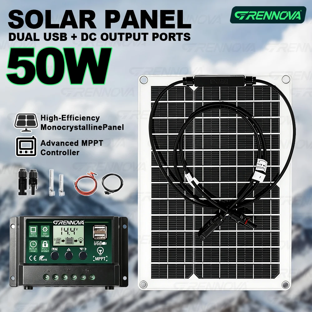 50W GRENNOVA Outdoor Camping Solar Charger Kit DC Output Controller Portable Power for Car Picnic Emergency Power All-in-One Kit