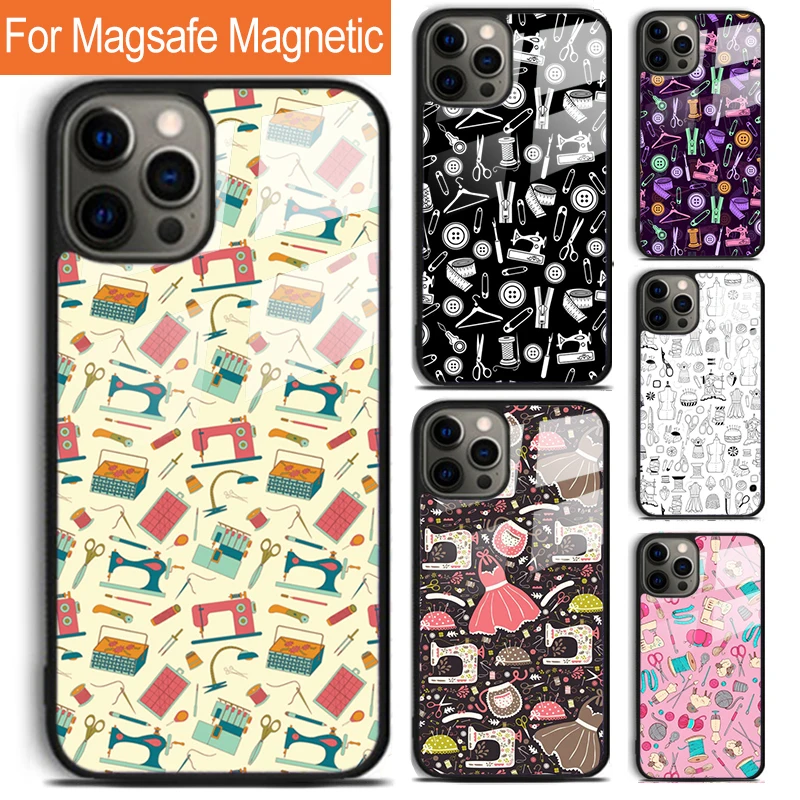 Sewing Machine Pattern Phone Case For iPhone 16 15 14 13 12 11 Pro Max Plus Magsafe Magnetic Wireless Charging Cover