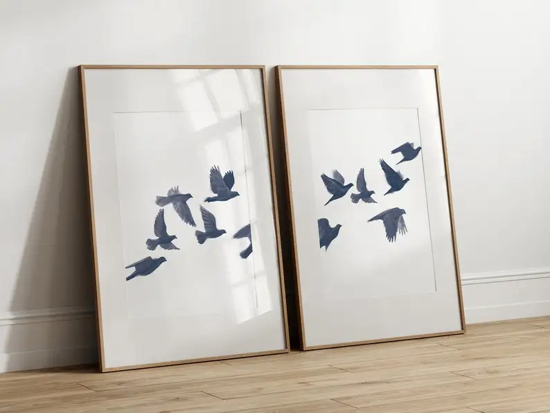 2pcs Modern Navy Blue Bird Flock Canvas Wall Art, Frameless 
