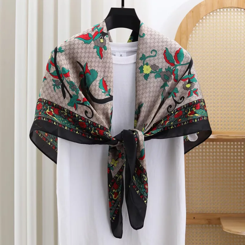 Vintage Ethnic Floral Square Silk Scarf Satin Sun Protection Multi Use As Headscarf Shawl Wrap Women Travel Neck Accessory