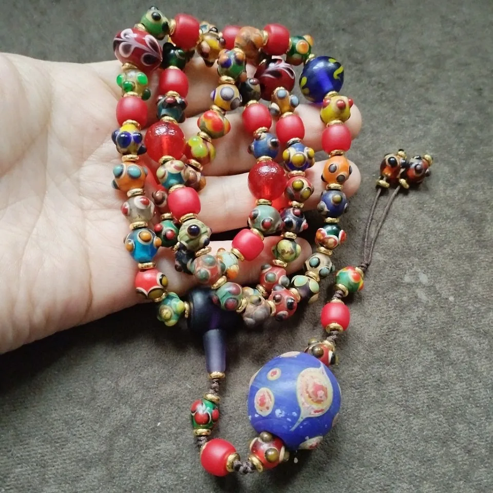 Vintage Multicolor Dot Glass Bead Necklace Mixed Pattern Round Glass Beads Hand Knotted Cord Boho Ethnic Layering Jewelry