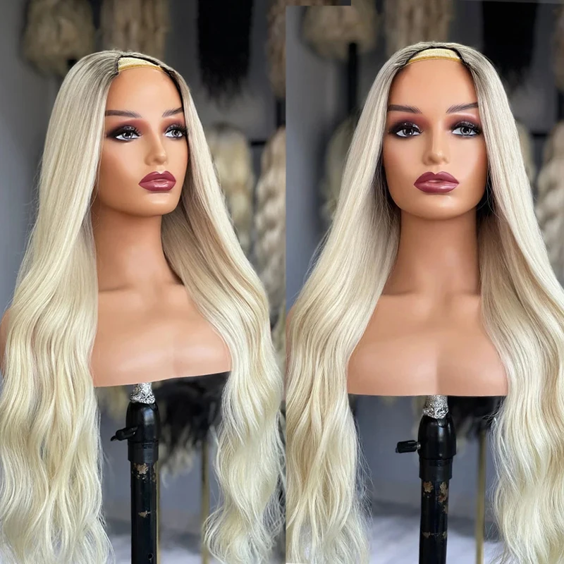 

U Part Human Hair Wig 180Density European Platinum Blonde U Shape Wigs 2x4 Opening Remy Hair 30 Inches Long Wave Wig For Woman