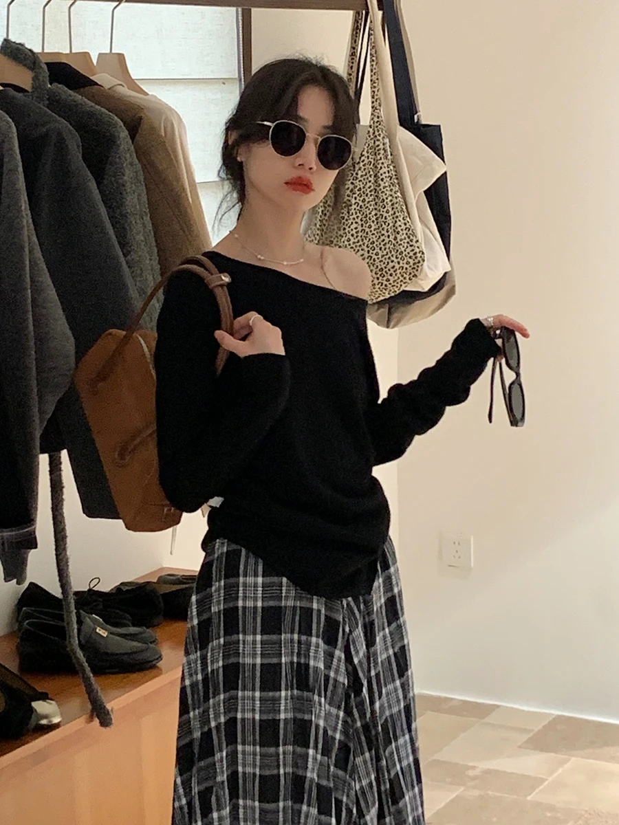 

BRIVIN Bla: Новый осенний женский свитер из 100% шерсти, вязаный, модный, приталенный, универсальный, в корейском стиле, с открытыми плечами, с длинными рукавами