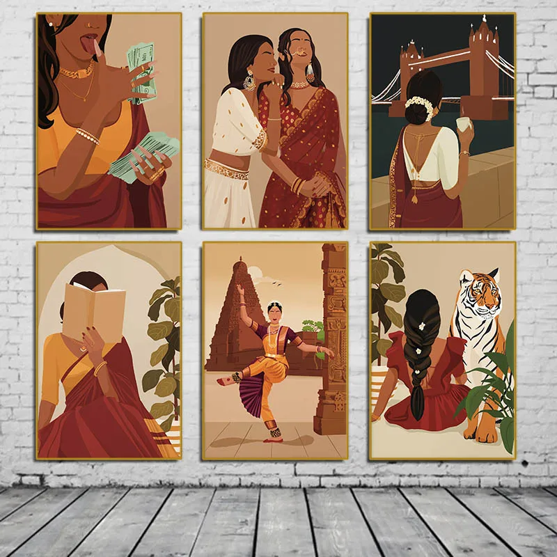 Indian Woman in Saree Reading Book Portrait Canvas Poster South Asian Girl Illustration Nordic Wall Pictures Home Room Decor