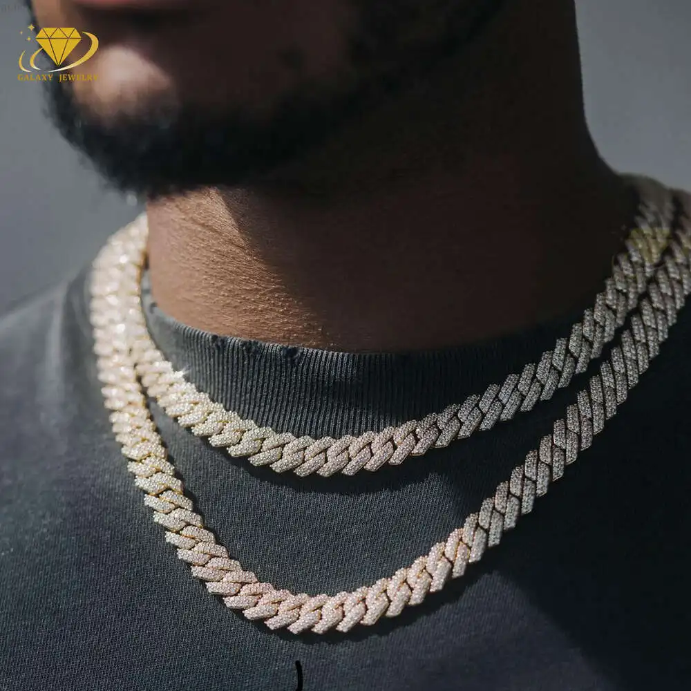 

Hip Hop 925 Solid Silver 18k Gold Plated 2 Rows Moissanite Diamond Iced Out 12mm Cuban Link Chain Necklace Bracelet Rapper Men