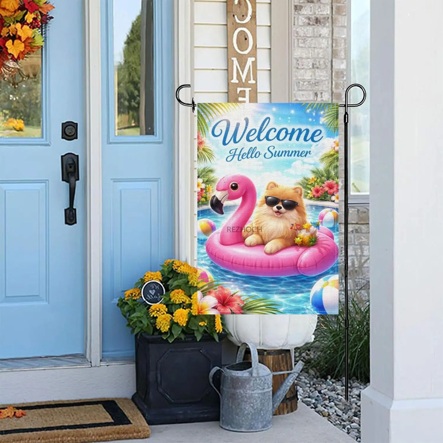 Welcome Hello Summer Funny Pomeranian Dog Garden Flag 12x18 Inch Double Sided,Cute Animal Pool Party Flamingo Float Outdoor  yyi