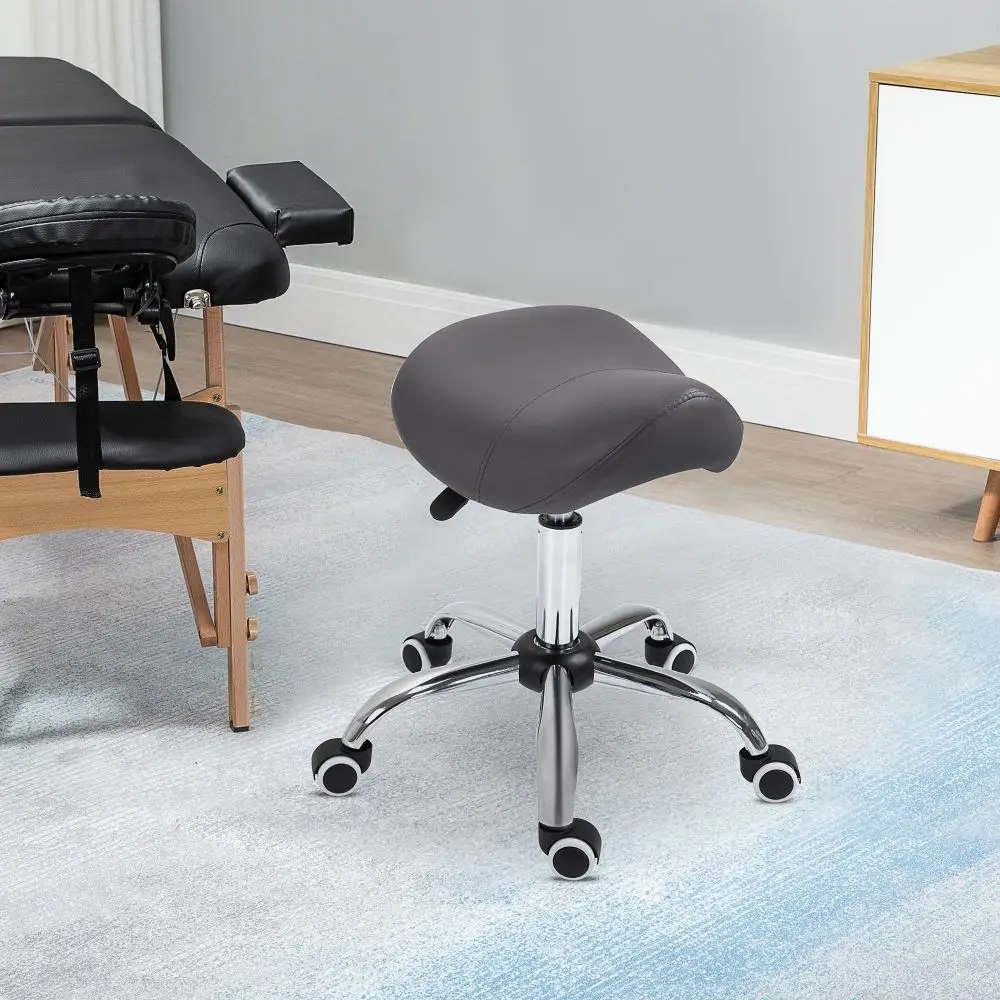 Ergonomic Rolling Saddle Stool PU Leather Hydraulic Spa Stool Height Adjustable Swivel Drafting Medical Salon Chair, Grey