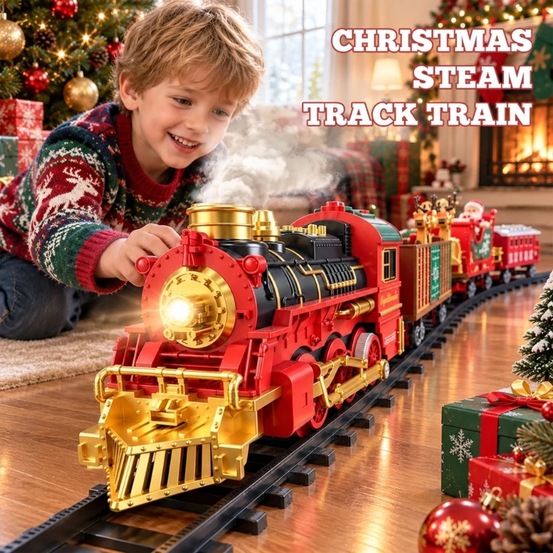 Motorized Christmas Train Set with Water Mist, Light Effects and Train Sounds, Connectable Track for Children Indoor Play A2UB