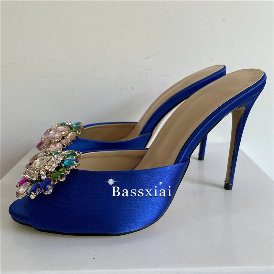 Iridescent Crystal Buckle Sandals For Girls Women 10cm Stiletto Heel Peep Toe Slingbacks Luxury Satin Summer Mules